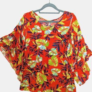 Hanna Women Plus size 1X Orange Tropical Floral Wide Ruffle Sleeve Pullover Top